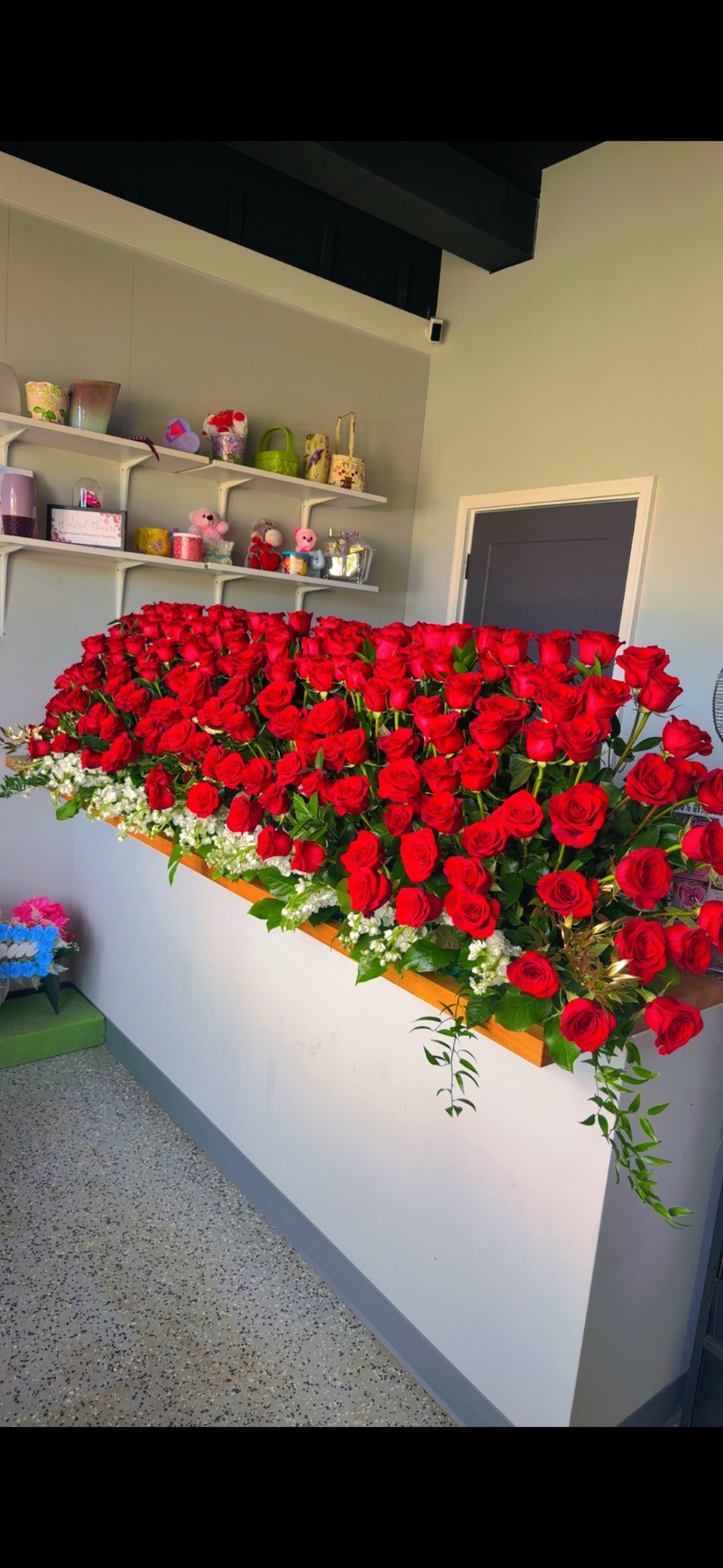 Bed Of Roses — the shop counter covered end to end in red roses